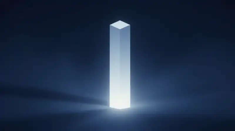A glowing geometric pillar stands amidst swirling indigo shadows