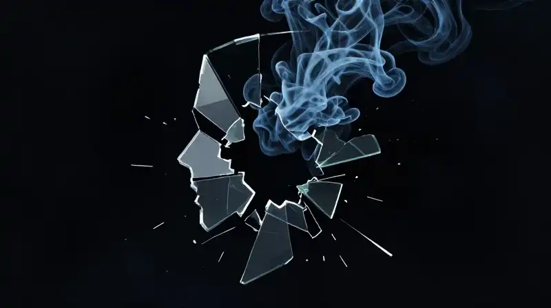 Shattering glass fragments form a distorted silhouette against darkness