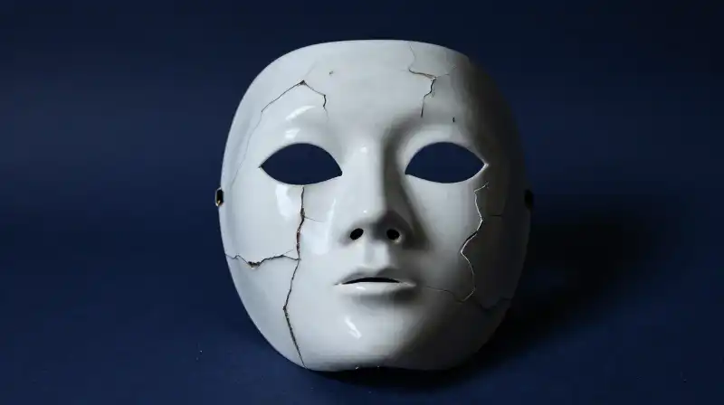 A cracked porcelain mask floats within a dark blue void