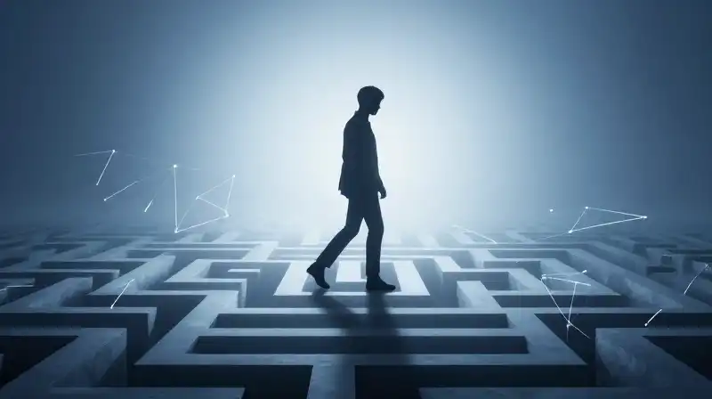 A silhouette steps from a fractured labyrinth into blue mist