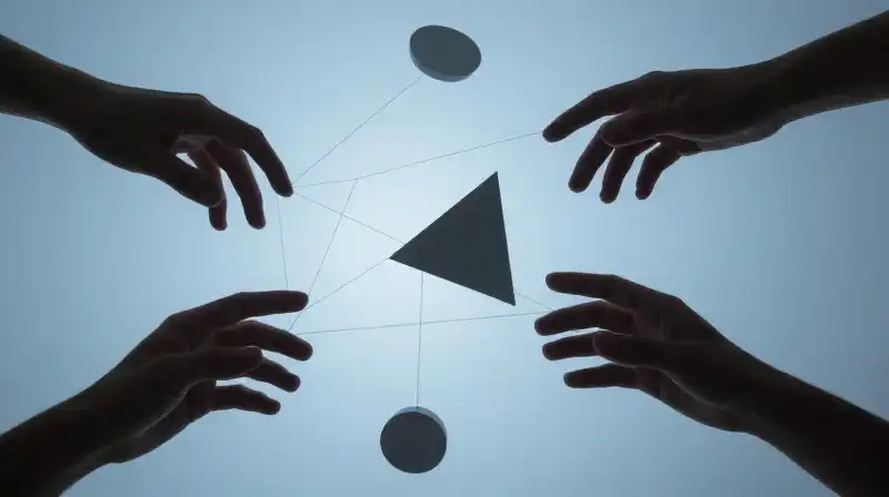 Hands shift floating geometric shapes through an ethereal blue void