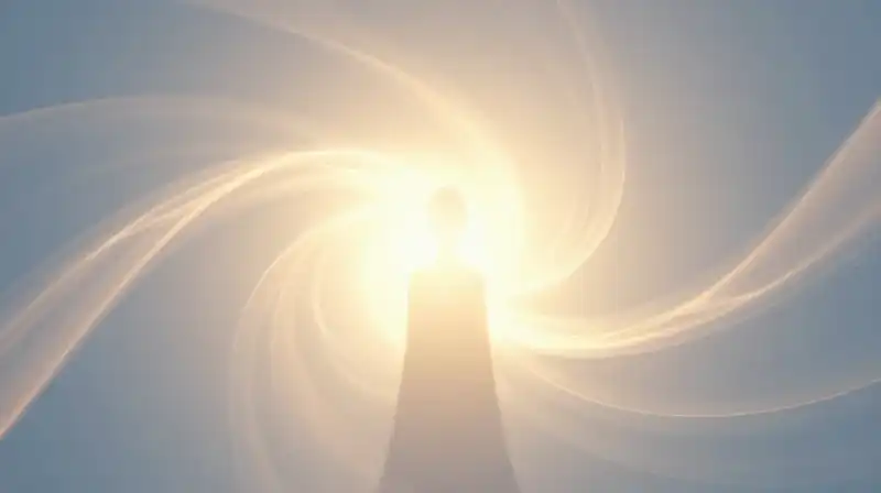 A golden silhouette radiates light amidst swirling blue ribbons