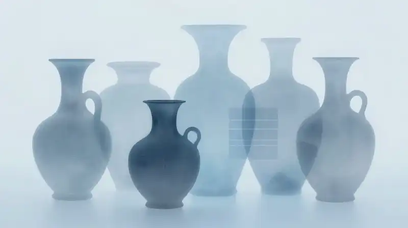 Translucent silhouettes of clay vessels morph into blue geometric patterns