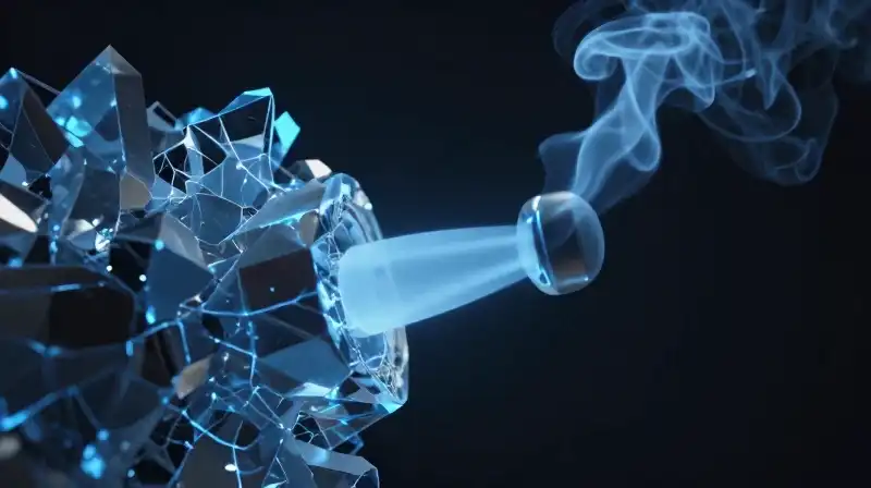 Glowing blue smoke escapes a fractured, crystalline pressure valve