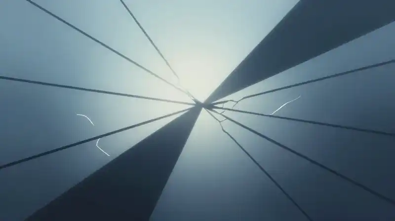 Fractured geometric shapes intertwine with ethereal blue light and shadow