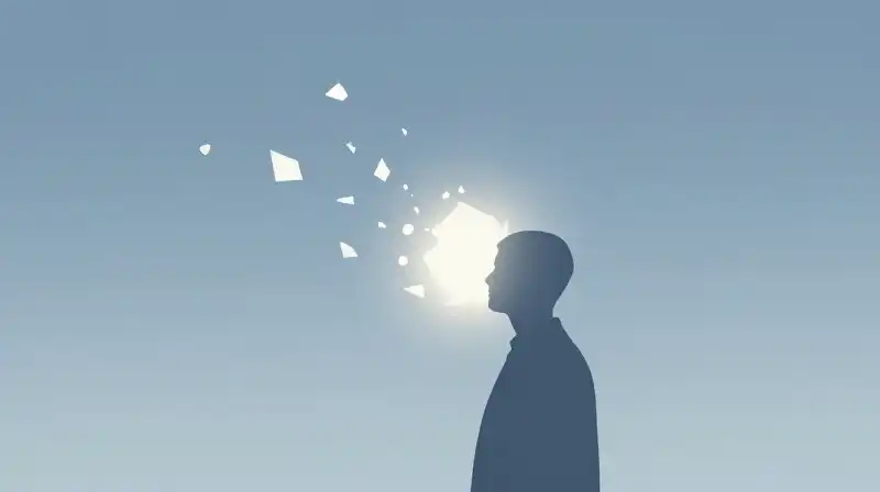A silhouette dissolves into glowing geometric shards against blue