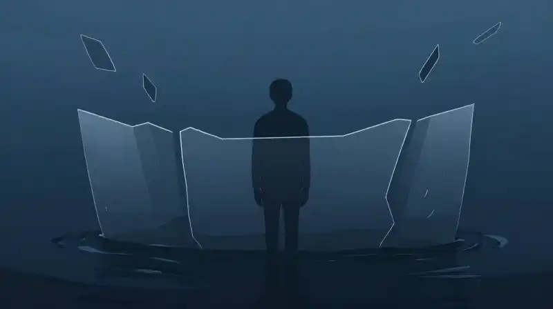 A solitary silhouette stands behind jagged, translucent floating shards