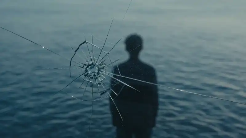 A lonely silhouette reflects in cracked, rippling blue glass