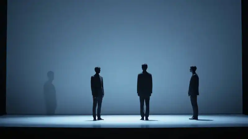 Four silhouettes stand on a minimalist geometric blue stage