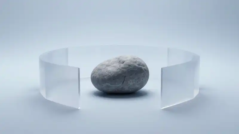 A single grey stone sits behind a translucent geometric shield
