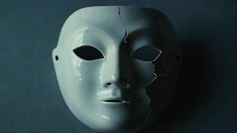 A split porcelain mask, half radiant and half fractured
