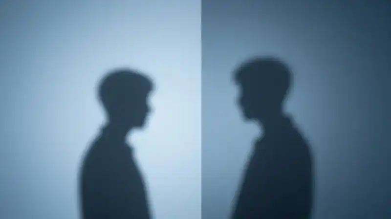 Two contrasting silhouettes stand in a minimalist blue space