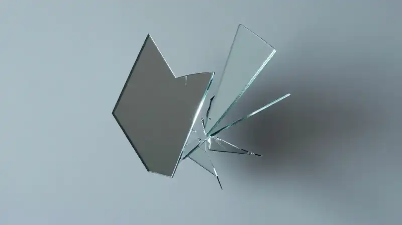 Shattered glass reflects a distorted, monochromatic blue image