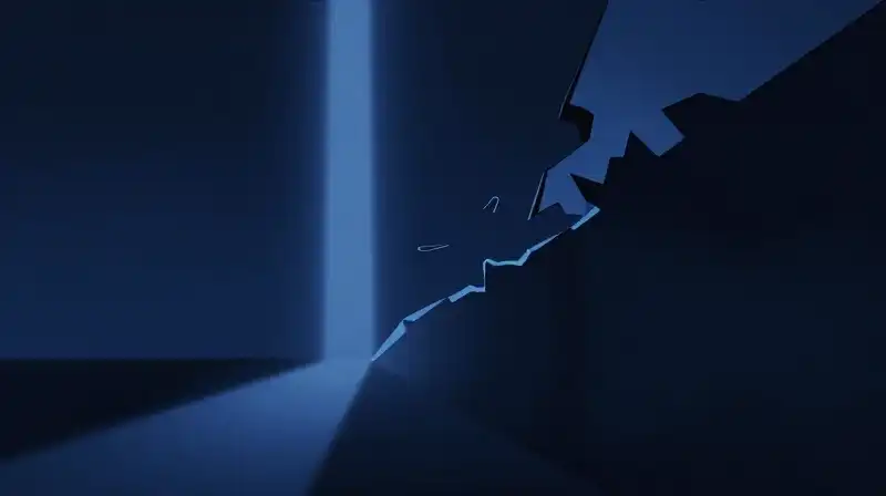 A steady beam and a jagged line diverge in blue