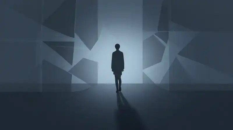 A lone silhouette walks toward soft light through geometric shadows