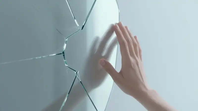 A hand pushes through a shattered mirror’s blue shadows