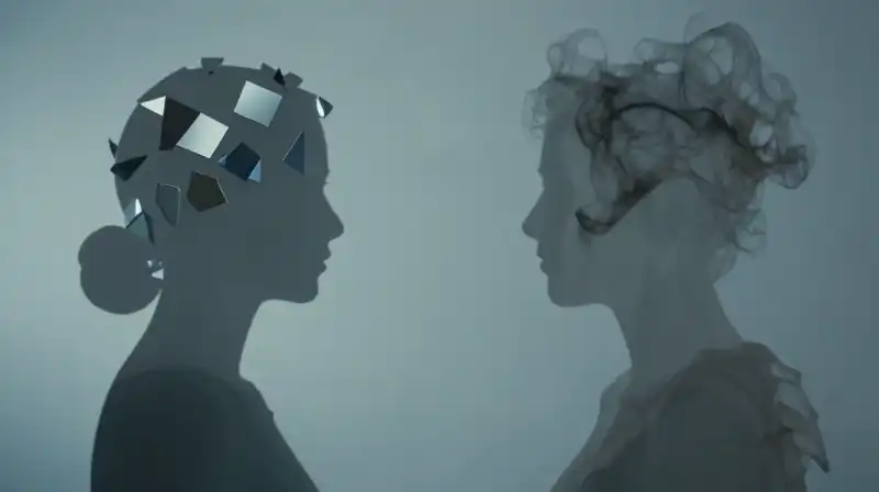 Two diverging translucent silhouettes of geometric shards and smoke
