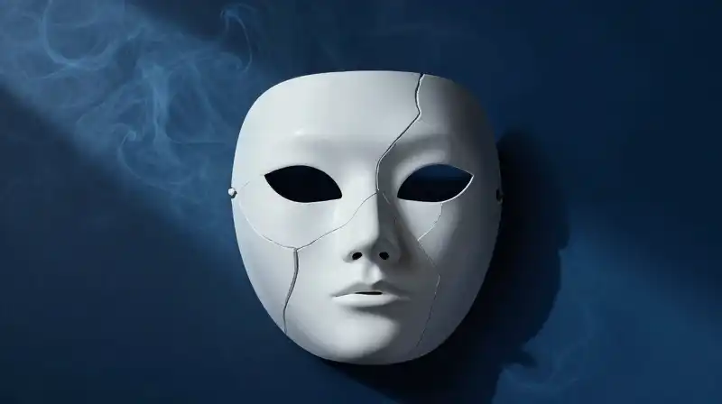 A shattered porcelain mask swirls within dark blue smoke