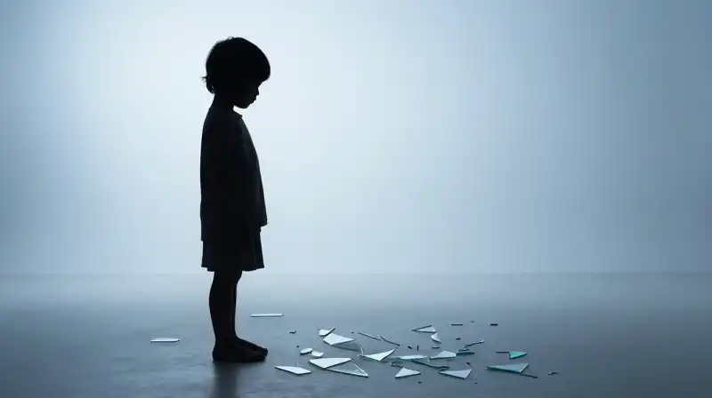 A small childs silhouette lies among fragmented glass shards