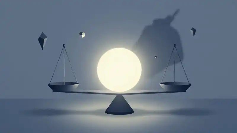 Scales balance a glowing sphere against a dark shadow