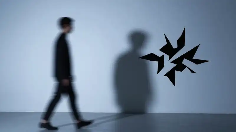 A calm figure contrasts with a jagged, agitated shadow
