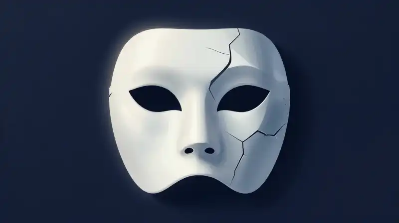 A shattering porcelain mask crumbles into deep blue shadows