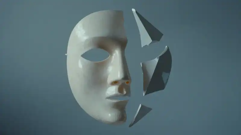 A porcelain mask and jagged shard float in blue