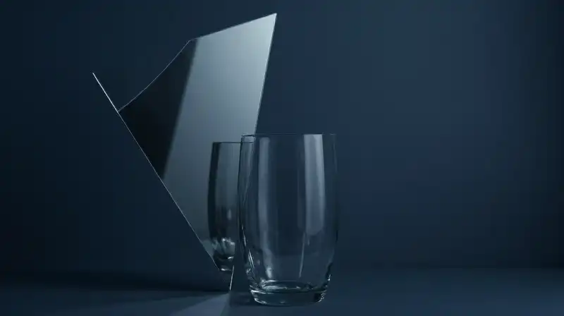 A hollow glass vessel sits amidst fragmented, distorted shadows
