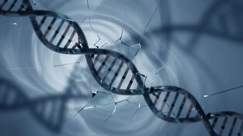 Swirling blue DNA strands intertwine with fractured glass fragments