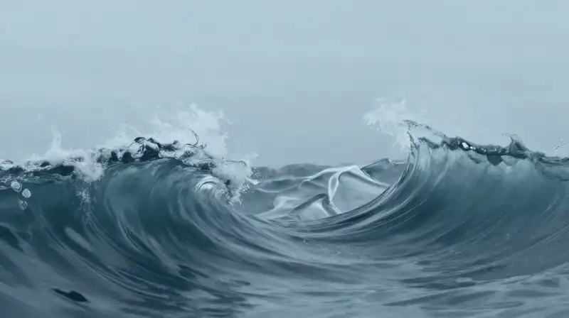 Swirling blue waves crash against shards of frozen glass