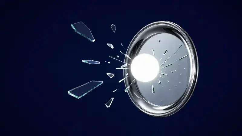 A glowing orb reflects in a fractured silver mirror