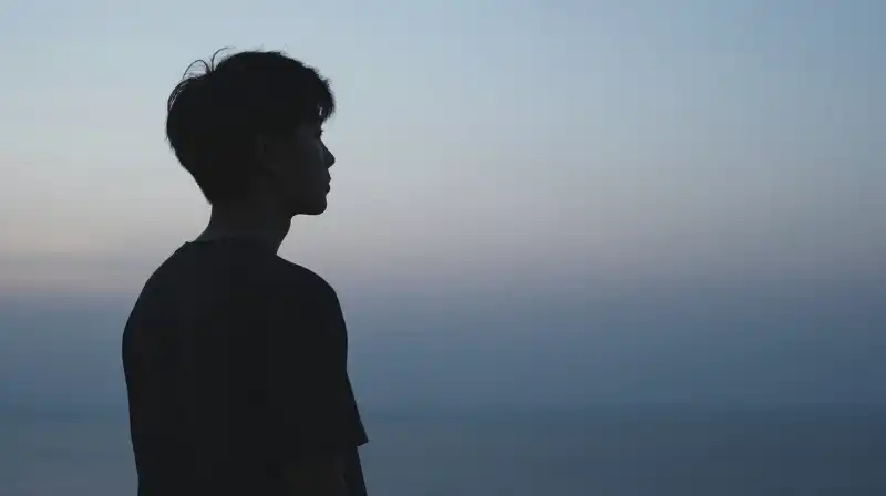 A silhouette gazes toward a horizon of geometric patterns