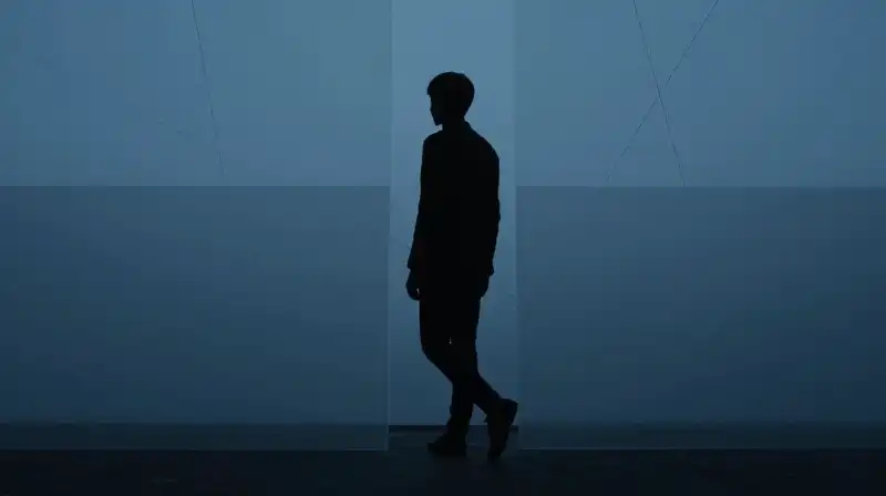 A lone silhouette steps through geometric lines into light