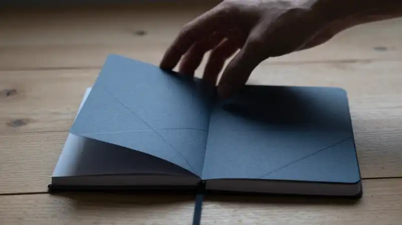 A hand reaches toward light near a private journal