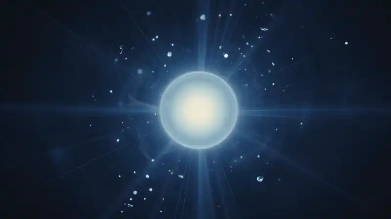 A glowing orb radiates paths through floating blue crystals