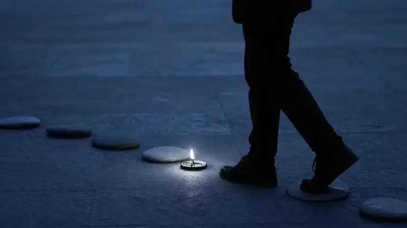 A silhouette steps toward light along a stone path