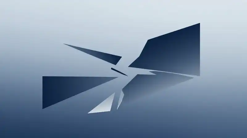 Fractured geometric shapes realign within a calm, blue atmosphere