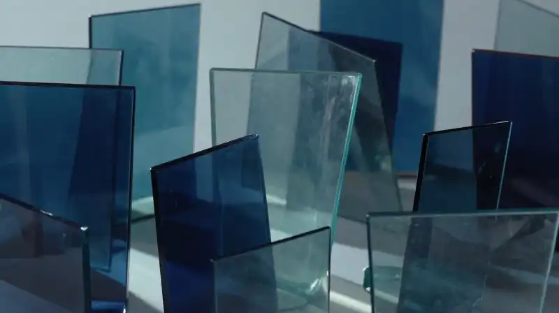 A labyrinth of fragmented blue glass with shifting shadows