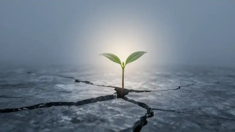 A tiny seedling sprouts through cracked stone at dawn