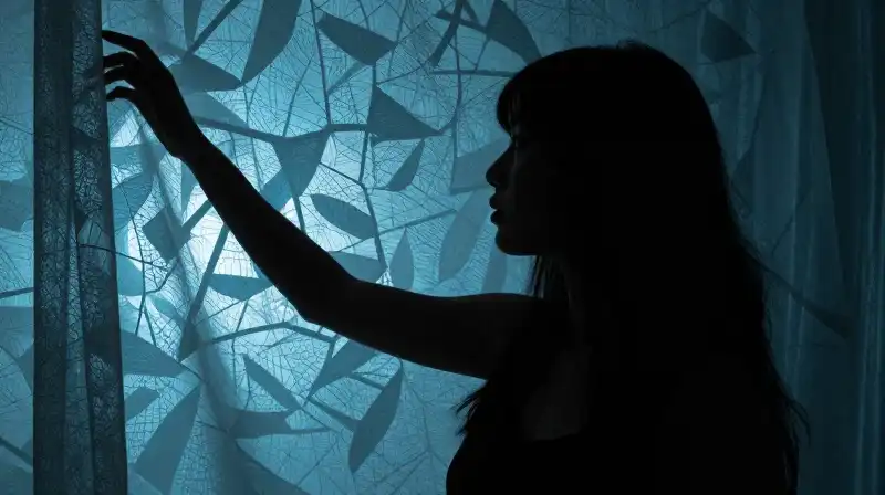A silhouette reaches through a delicate, geometric blue veil