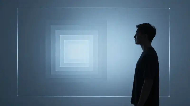 A calm silhouette stands behind glowing, geometric glass layers