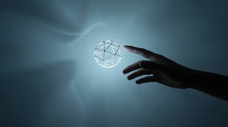 A dark snout reaches toward a glowing geometric orb