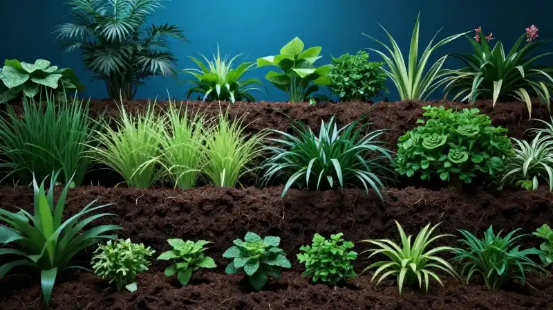 Vibrant plants grow from rich, textured soil in blue light