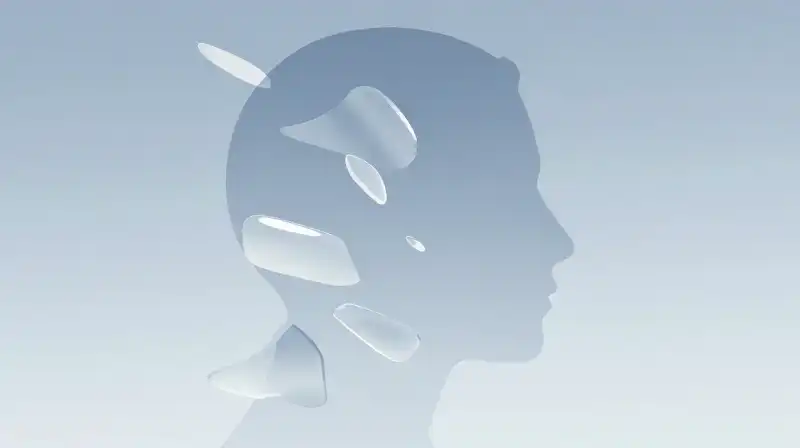 A minimalist blue profile made of floating translucent geometric shards