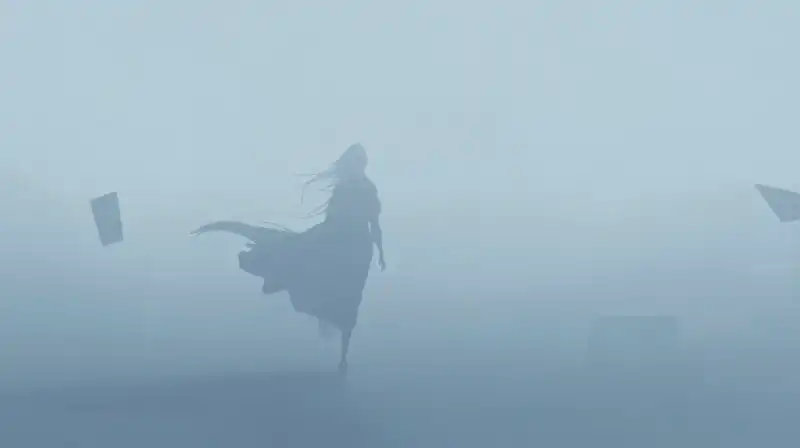 A ghostly silhouette drifts through a misty blue void