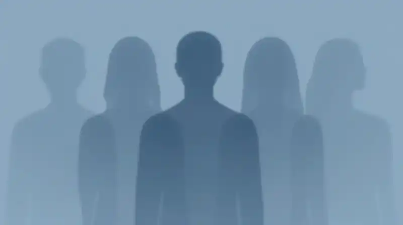 Five translucent silhouettes drift through shifting blue geometric layers