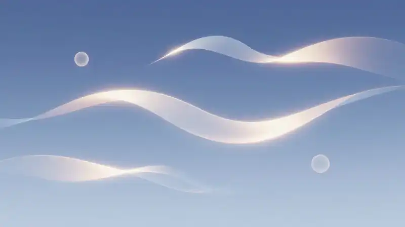 Glowing light ribbons flow through a calm, blue atmosphere