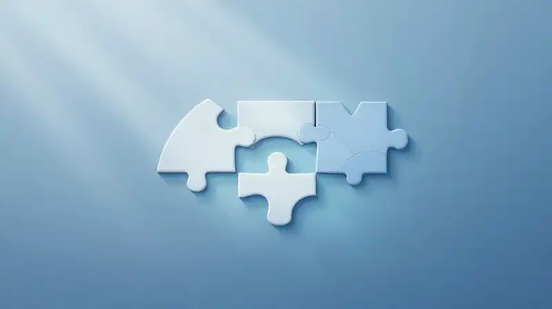 Diverse geometric puzzle pieces interlock against a soft blue backdrop