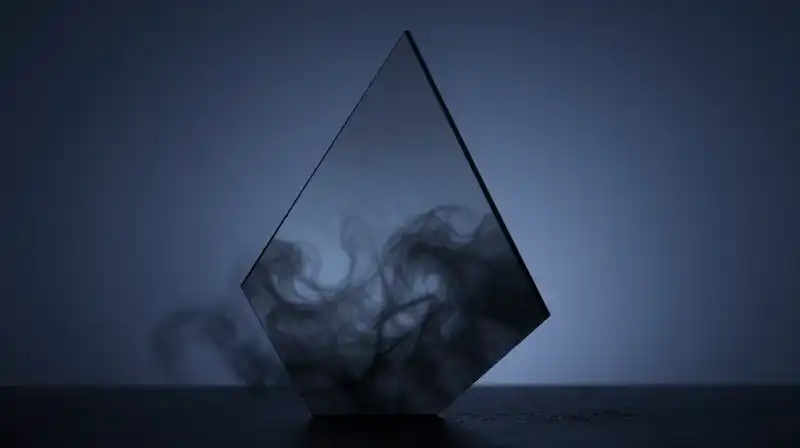 A fractured glass prism silhouette swirls with misty blue fog