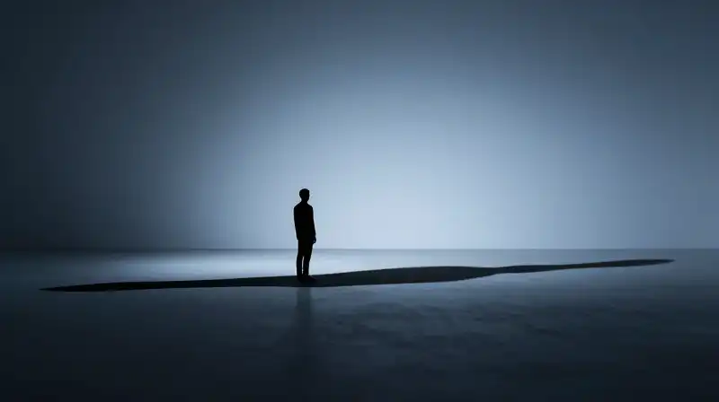 A lone silhouette stands before a vast, stretching shadow